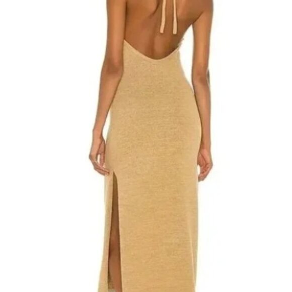 Cult Gaia Karina Halter Knit Midi Dress Wicker Tan Slit Open Back - Picture 2 of 3